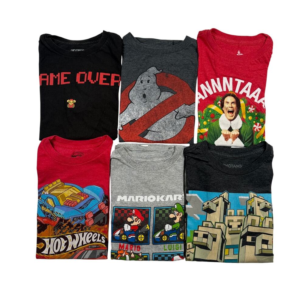 Lot of 6 Boys Size Large T-Shirts Mario Hot Wheels Minecraft Ghostbusters Elf